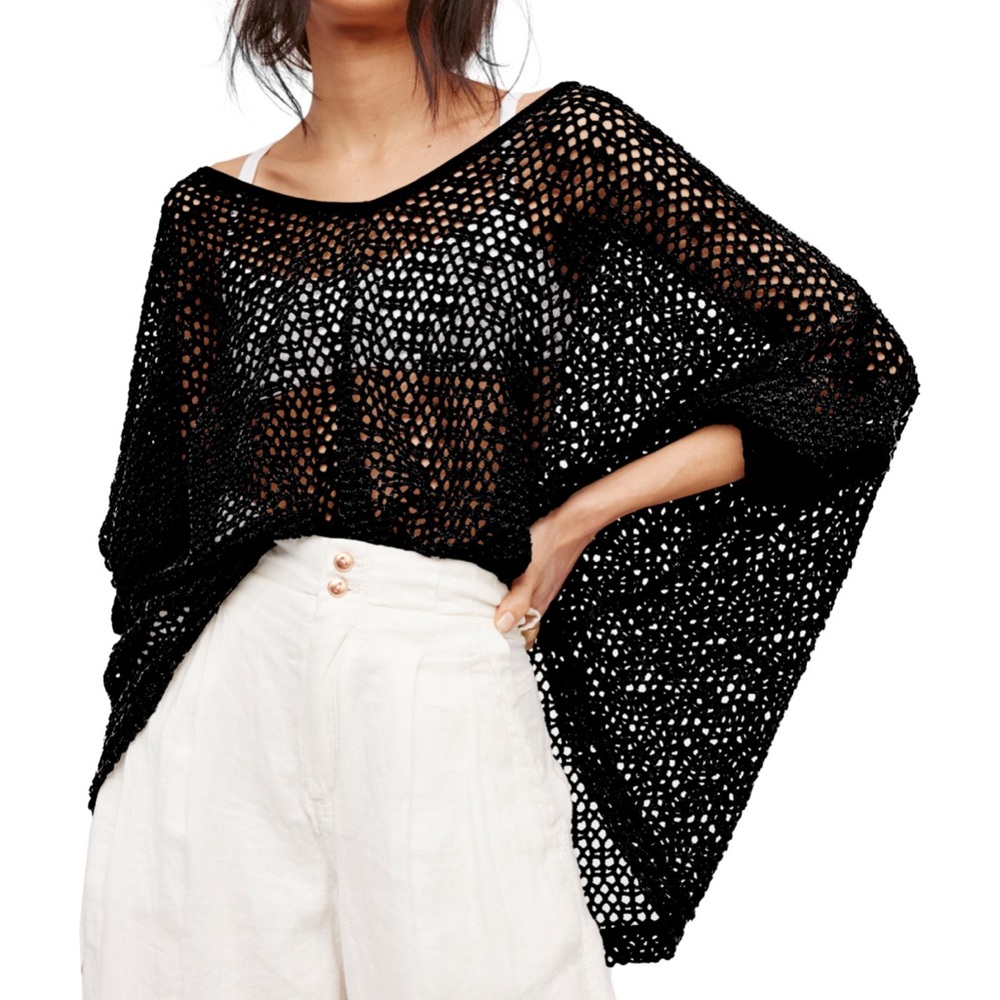 Free People Black Oversized Crochet Knit Sweater - Picture 2 of 5